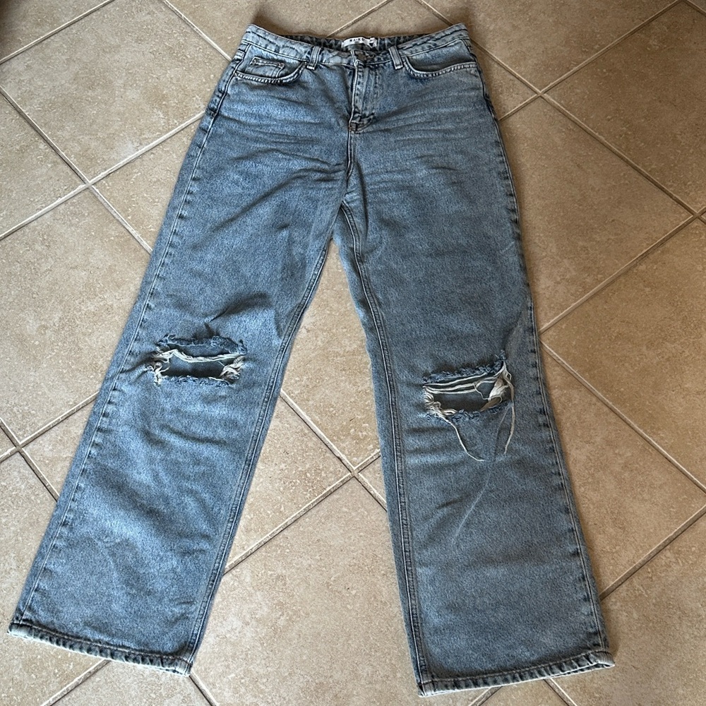 NA-KD Acid Wash Wide Leg Destroyed Jeans EUC